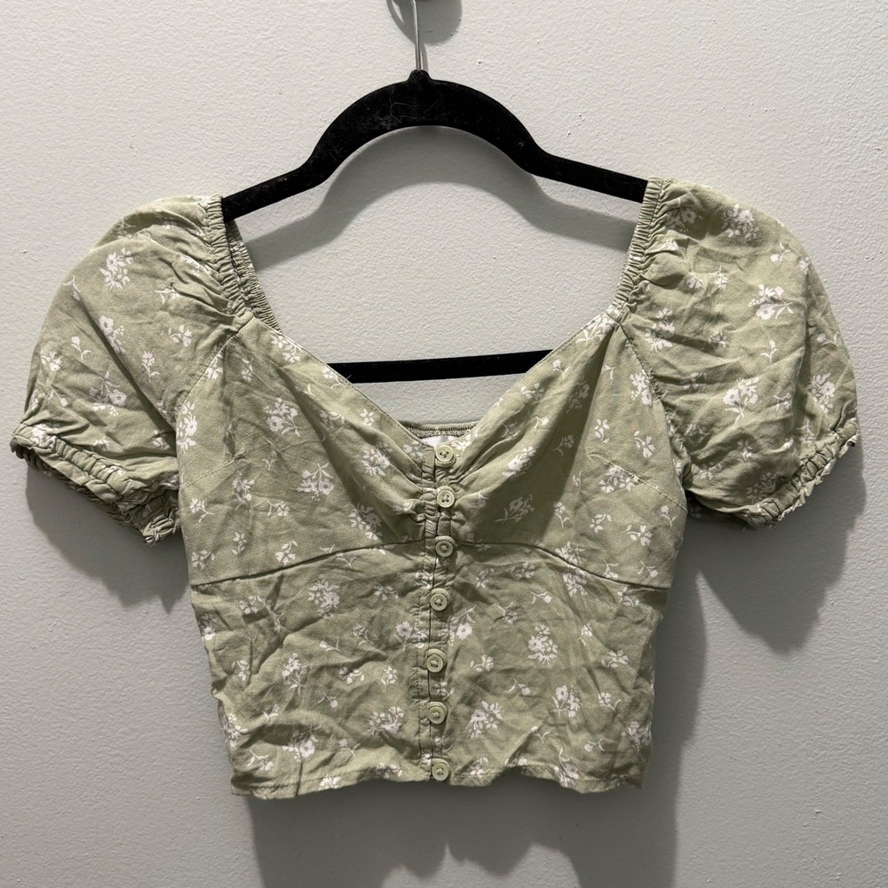 Hollister Cottagecore Fairycore Soft Girl Sage Green Floral Smocked Crop Top XXS